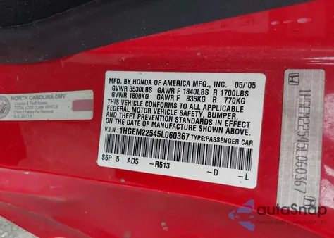 2005 Honda Civic Lx из США, поврежденный, VIN 1HGEM22545L060367